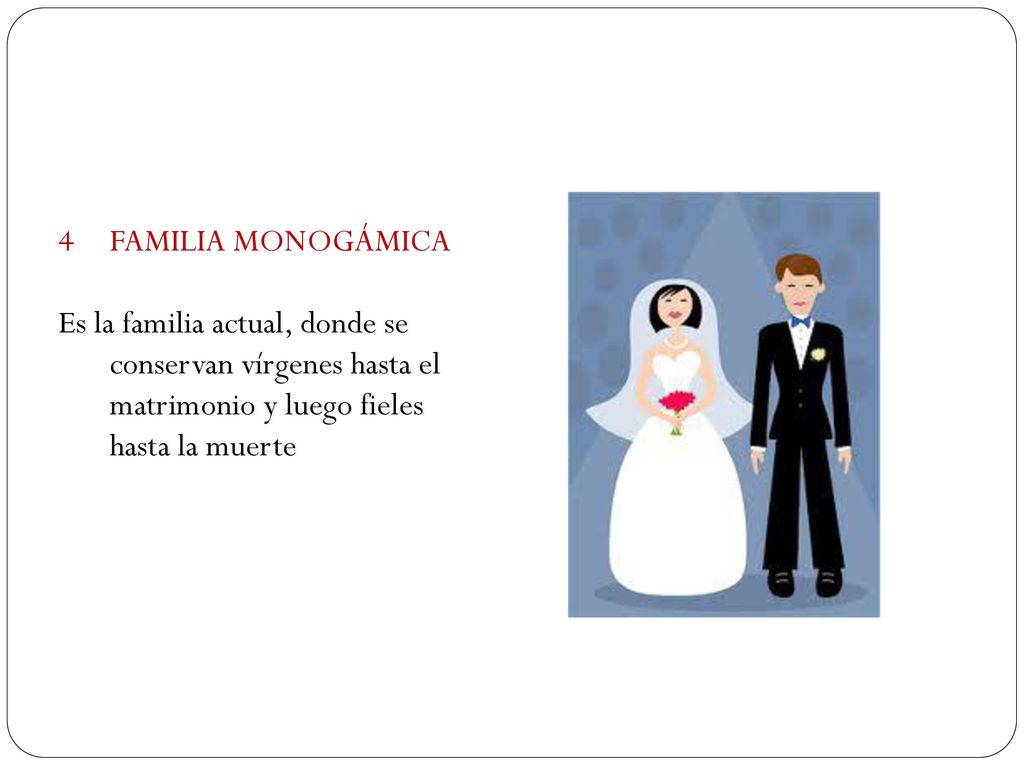 FAMILIA MONOGÁMICA Es la familia actual, donde se conservan vírgenes hasta el matrimonio y luego fieles hasta la muerte.