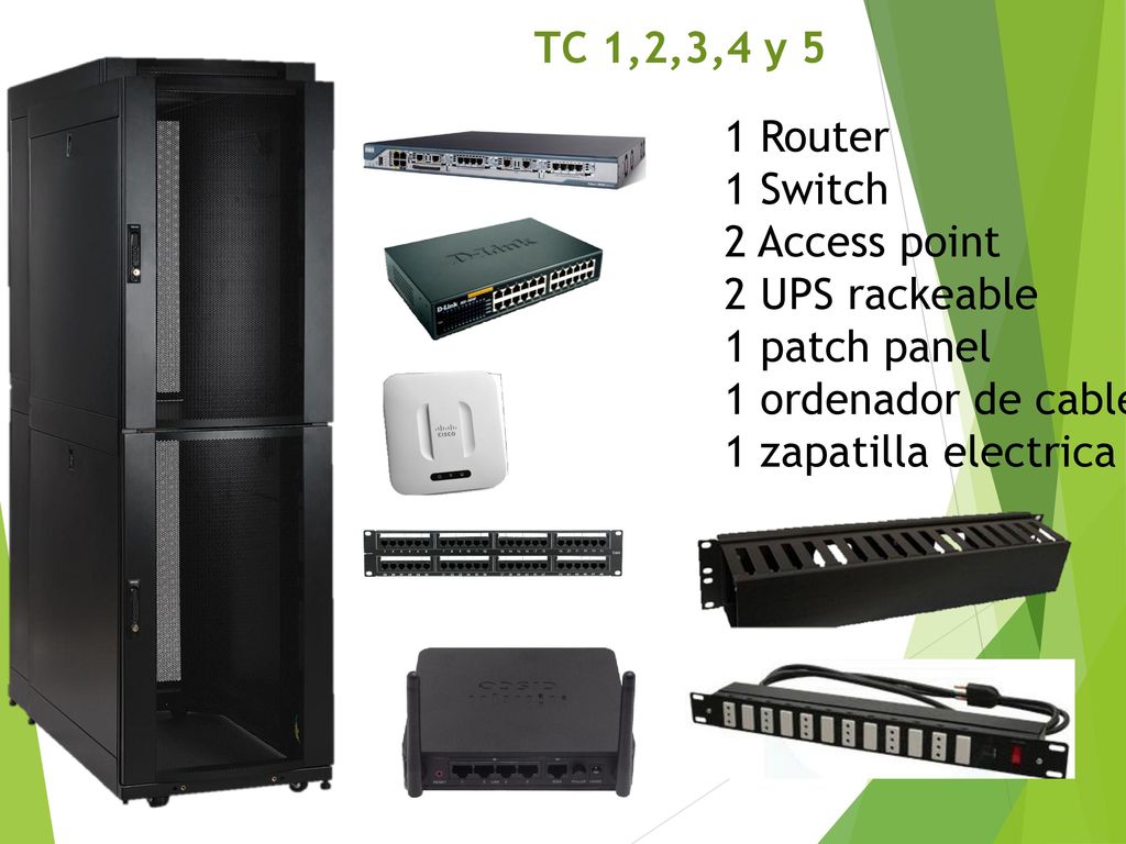 TC 1,2,3,4 y 5 1 Router. 1 Switch. 2 Access point. 2 UPS rackeable. 1 patch panel. 1 ordenador de cable.