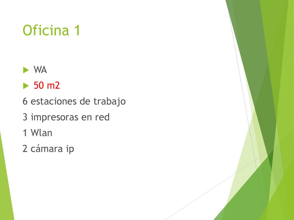 Oficina 1 WA 50 m2 6 estaciones de trabajo 3 impresoras en red 1 Wlan