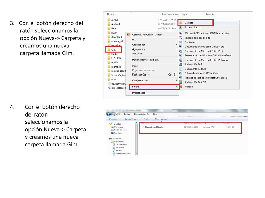3. Con el botón derecho del ratón seleccionamos la opción Nueva-> Carpeta y creamos una nueva carpeta llamada Gim.