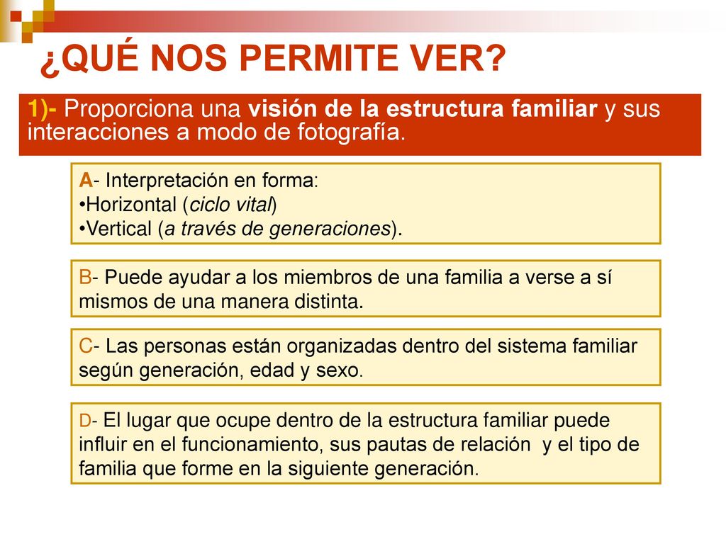 ¿QUÉ NOS PERMITE VER 1)- Proporciona una visión de la estructura familiar y sus interacciones a modo de fotografía.