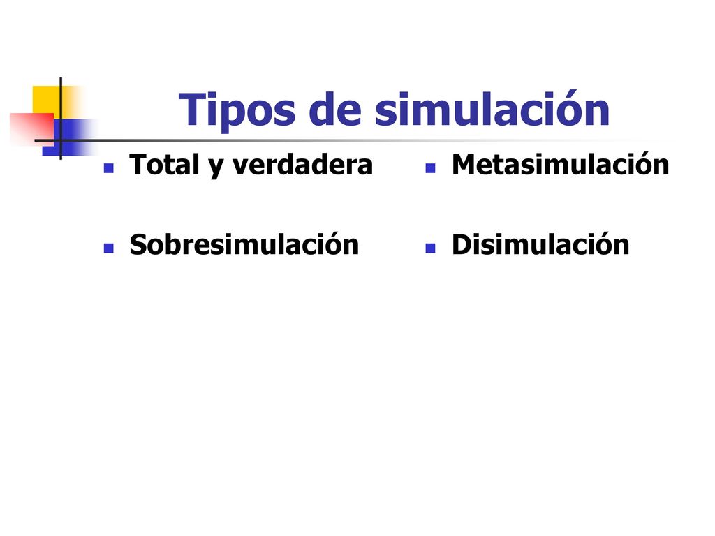 Tipos de simulación Total y verdadera Sobresimulación Metasimulación