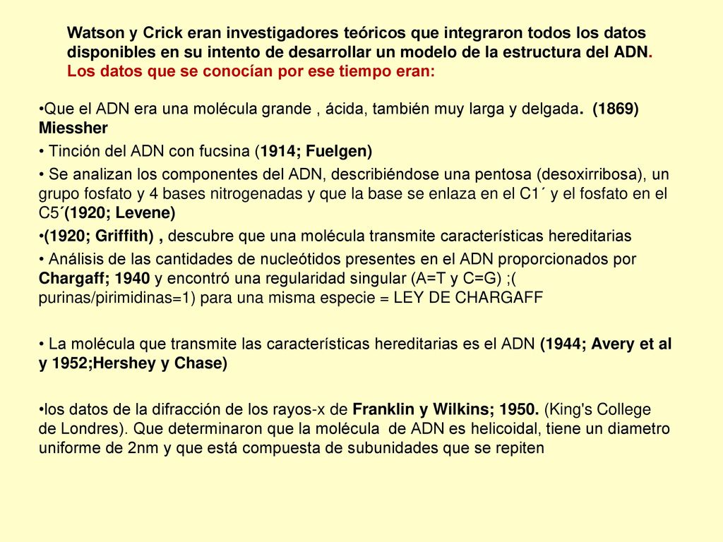 Watson y Crick eran investigadores teóricos que integraron todos los datos disponibles en su intento de desarrollar un modelo de la estructura del ADN. Los datos que se conocían por ese tiempo eran: