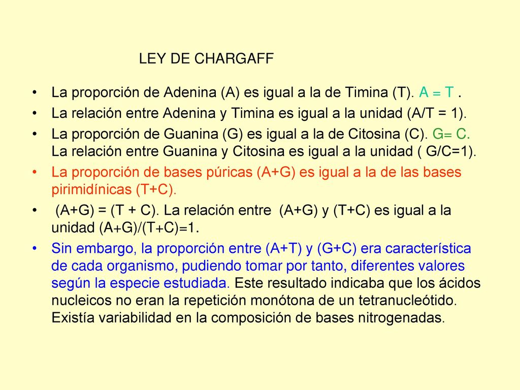 LEY DE CHARGAFF La proporción de Adenina (A) es igual a la de Timina (T). A = T . La relación entre Adenina y Timina es igual a la unidad (A/T = 1).