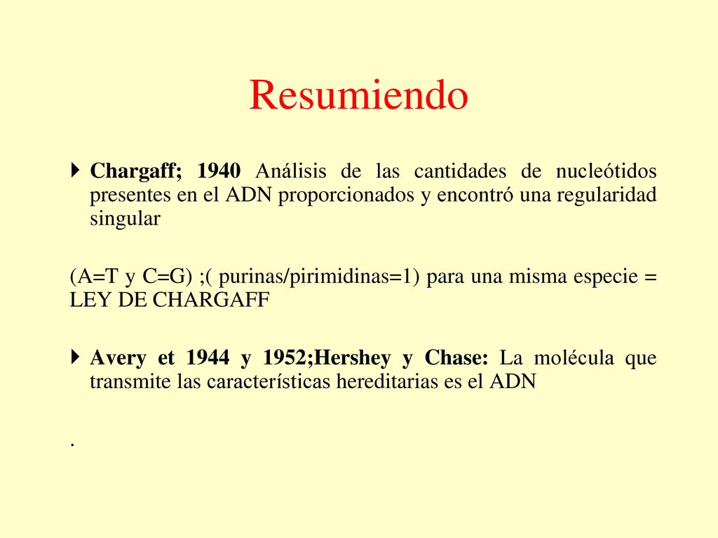 Resumiendo Chargaff; 1940 Análisis de las cantidades de nucleótidos presentes en el ADN proporcionados y encontró una regularidad singular.