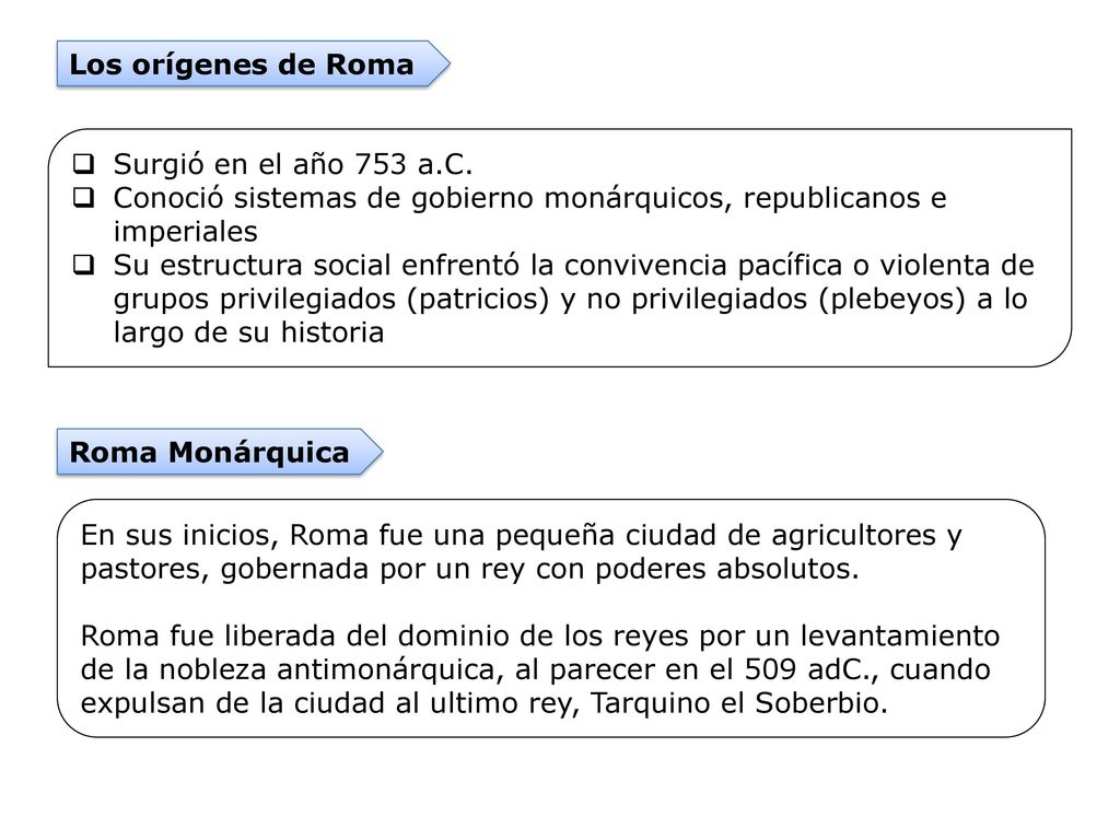 Los orígenes de Roma Surgió en el año 753 a.C. Conoció sistemas de gobierno monárquicos, republicanos e imperiales.