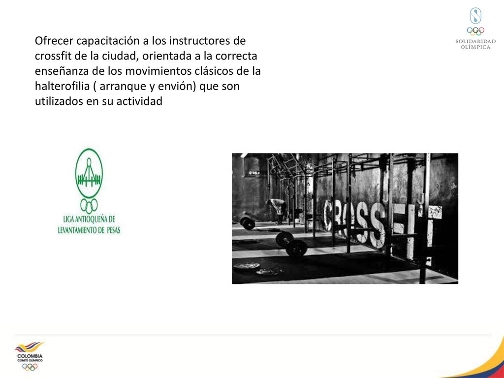 Ofrecer capacitación a los instructores de crossfit de la ciudad, orientada a la correcta enseñanza de los movimientos clásicos de la halterofilia ( arranque y envión) que son utilizados en su actividad