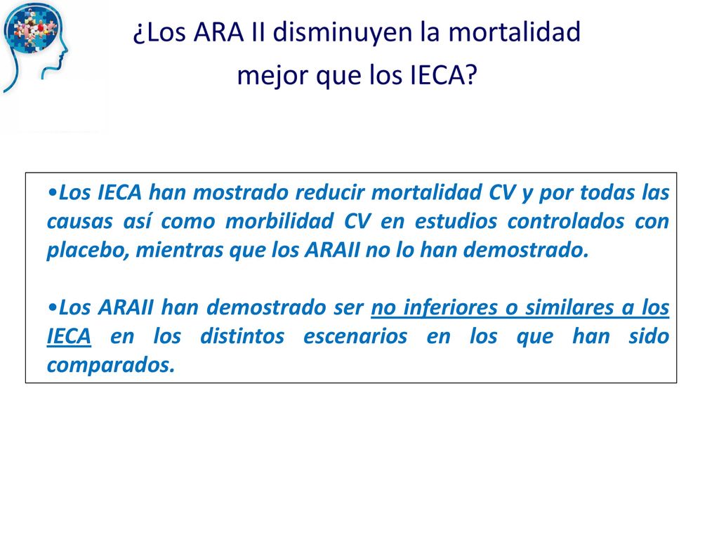 Los IECA han mostrado reducir mortalidad CV y por todas las causas así como morbilidad CV en estudios controlados con placebo, mientras que los ARAII no lo han demostrado.
