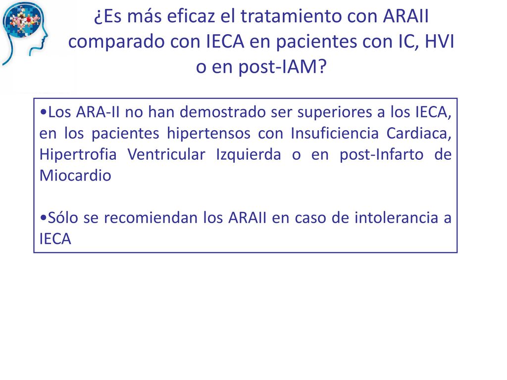 ¿Es más eficaz el tratamiento con ARAII comparado con IECA en pacientes con IC, HVI o en post-IAM