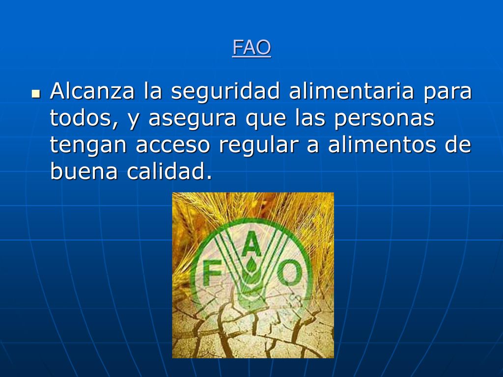 FAO Alcanza la seguridad alimentaria para todos, y asegura que las personas tengan acceso regular a alimentos de buena calidad.