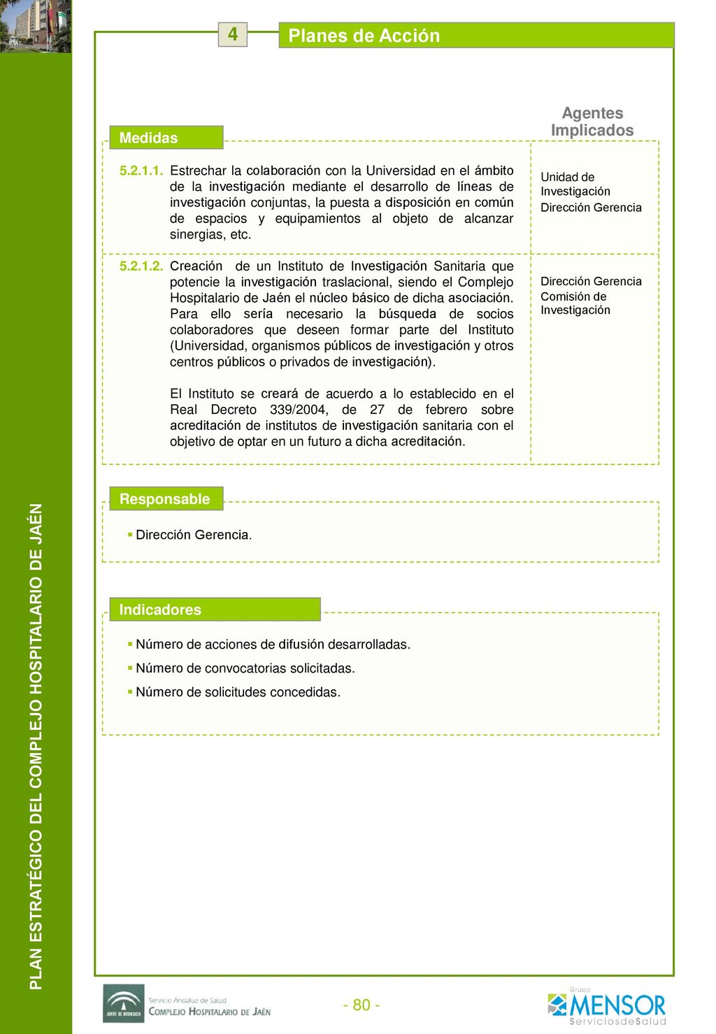 4 Planes de Acción. Eje. Estratégico: 5.- Hospital generador de conocimiento e innovación. Línea.
