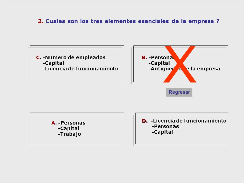 X 2. Cuales son los tres elementes esenciales de la empresa