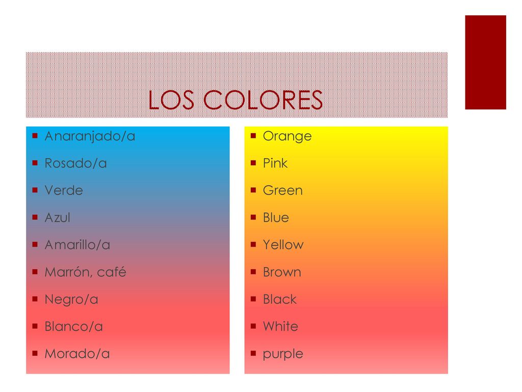 LOS COLORES Anaranjado/a Rosado/a Verde Azul Amarillo/a Marrón, café
