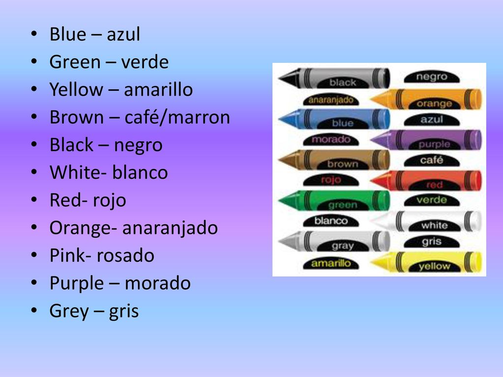Blue – azul Green – verde. Yellow – amarillo. Brown – café/marron. Black – negro. White- blanco.
