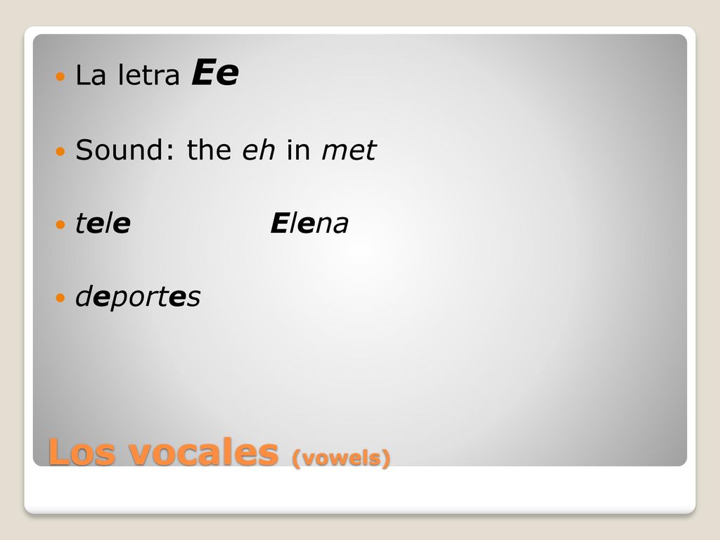 Los vocales (vowels) La letra Ee Sound: the eh in met tele Elena