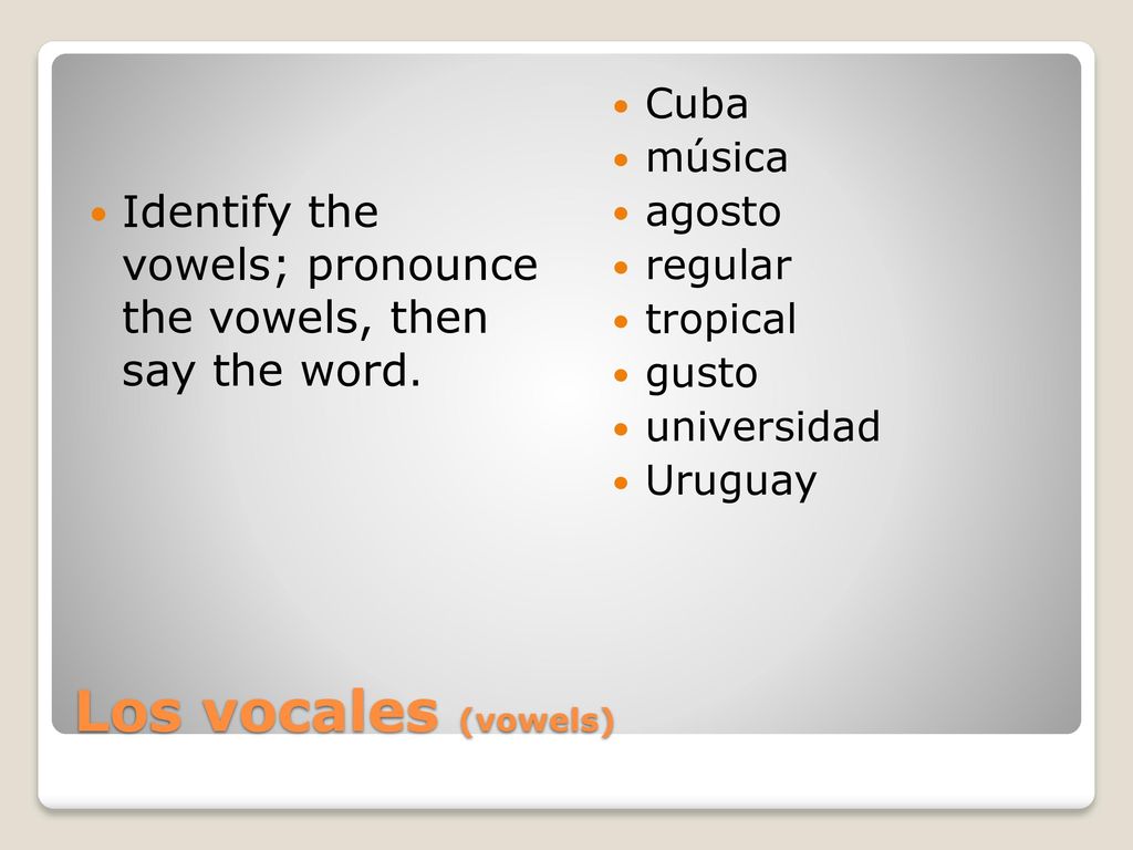 Identify the vowels; pronounce the vowels, then say the word.