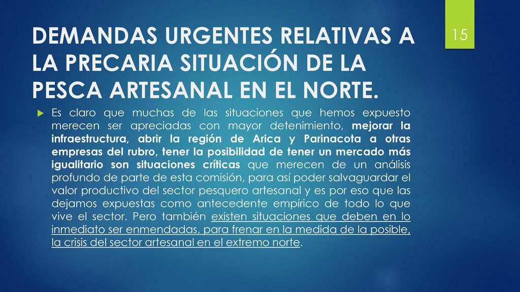 DEMANDAS URGENTES RELATIVAS A LA PRECARIA SITUACIÓN DE LA PESCA ARTESANAL EN EL NORTE.