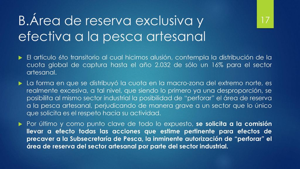 B. Área de reserva exclusiva y efectiva a la pesca artesanal