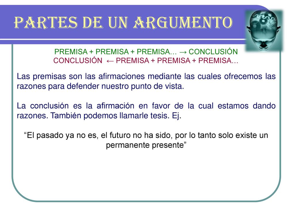 PARTES DE UN ARGUMENTO PREMISA + PREMISA + PREMISA… → CONCLUSIÓN. CONCLUSIÓN ← PREMISA + PREMISA + PREMISA…