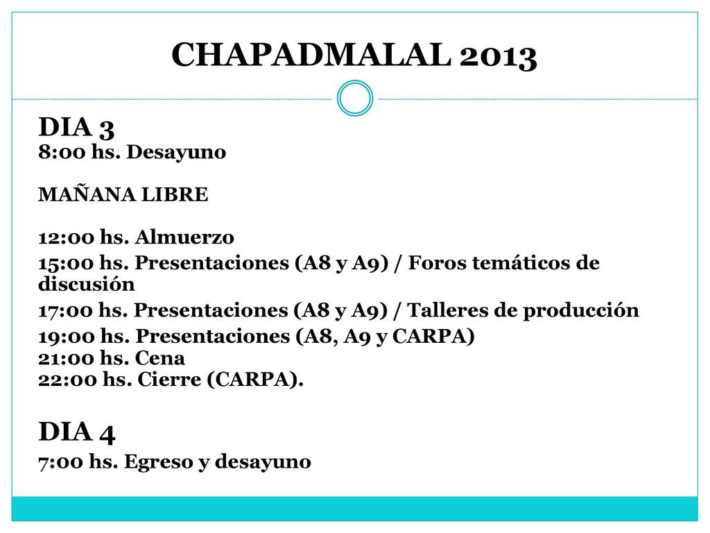 CHAPADMALAL 2013 DIA 3 DIA 4 8:00 hs. Desayuno MAÑANA LIBRE