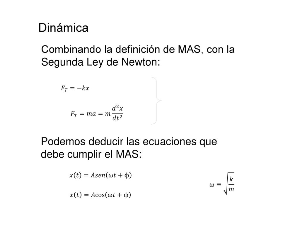 Dinámica Combinando la definición de MAS, con la Segunda Ley de Newton: 𝐹 𝑇 =−𝑘𝑥. 𝐹 𝑇 =𝑚𝑎=𝑚 𝑑 2 𝑥 𝑑𝑡 2.