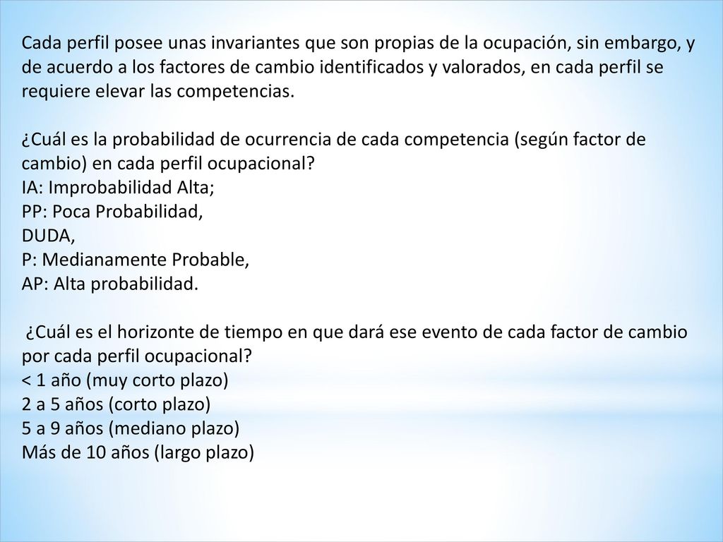 Cada perfil posee unas invariantes que son propias de la ocupación, sin embargo, y de acuerdo a los factores de cambio identificados y valorados, en cada perfil se requiere elevar las competencias.