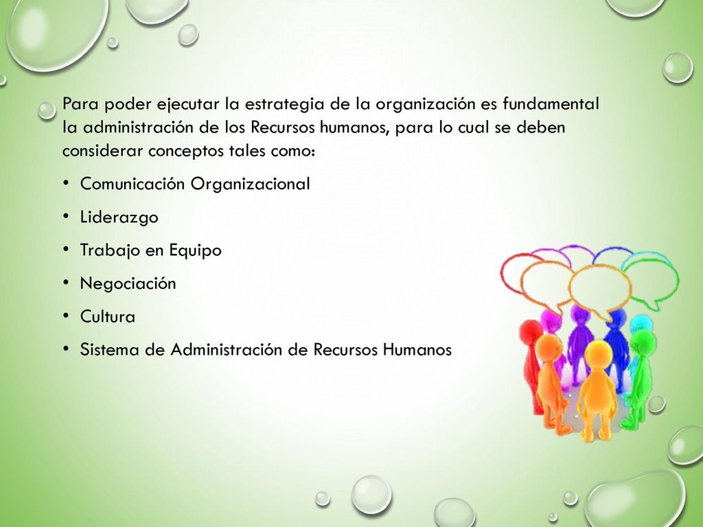 Para poder ejecutar la estrategia de la organización es fundamental la administración de los Recursos humanos, para lo cual se deben considerar conceptos tales como: