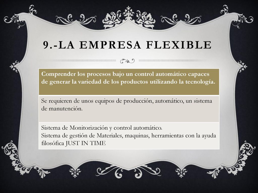 9.-La empresa Flexible Comprender los procesos bajo un control automático capaces de generar la variedad de los productos utilizando la tecnología.