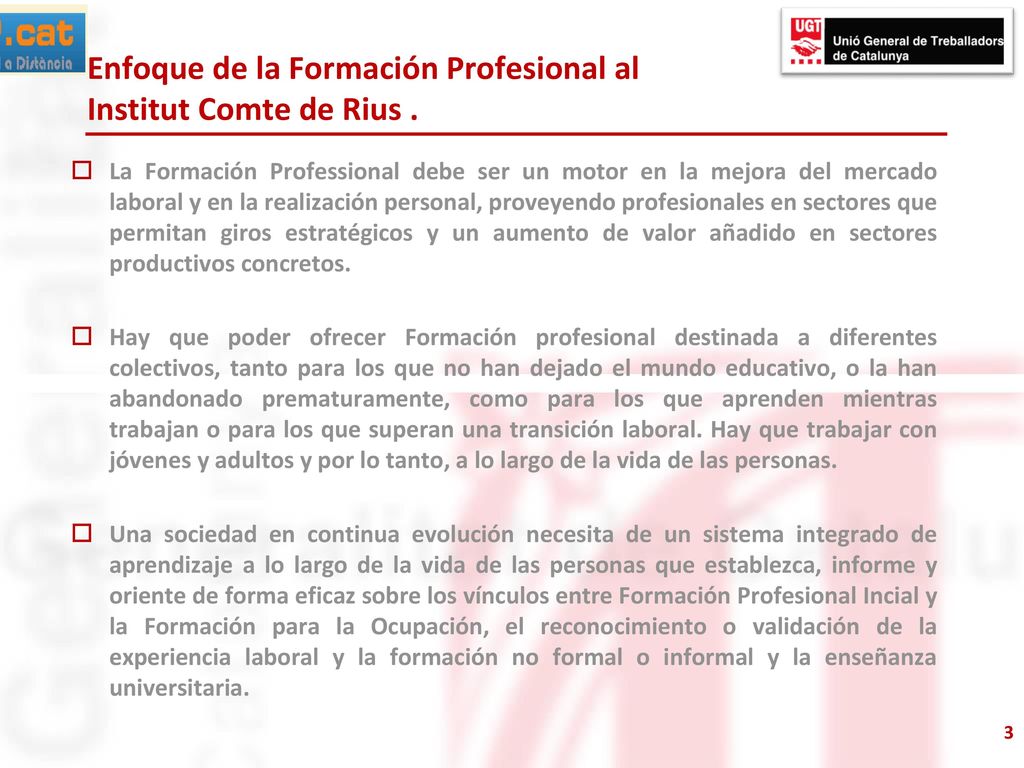 Enfoque de la Formación Profesional al Institut Comte de Rius .