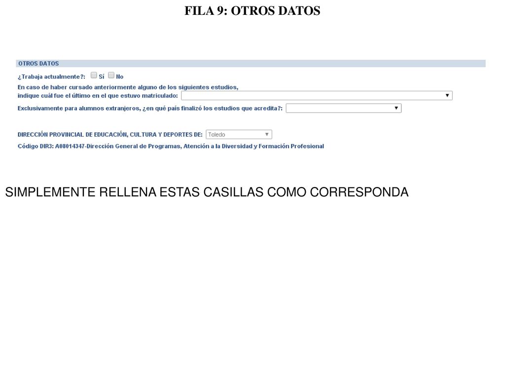 FILA 9: OTROS DATOS SIMPLEMENTE RELLENA ESTAS CASILLAS COMO CORRESPONDA