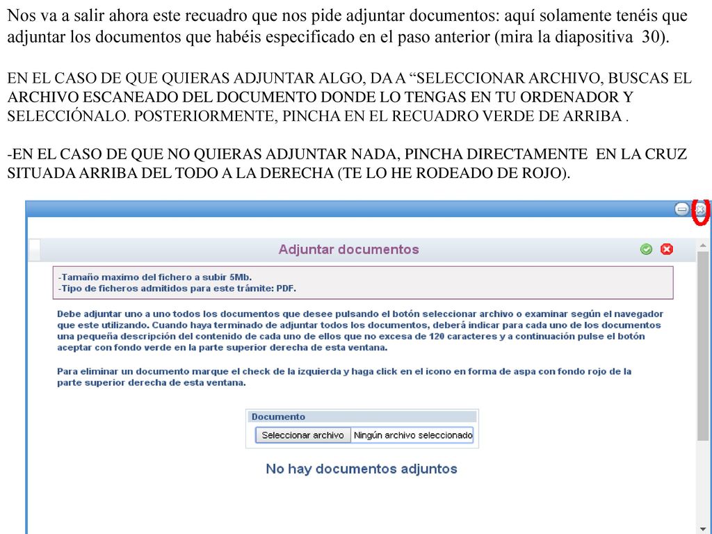 Nos va a salir ahora este recuadro que nos pide adjuntar documentos: aquí solamente tenéis que adjuntar los documentos que habéis especificado en el paso anterior (mira la diapositiva 30).