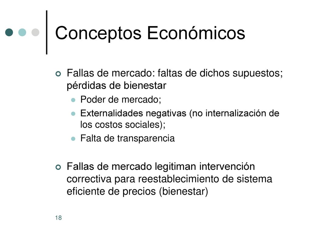 Conceptos Económicos Fallas de mercado: faltas de dichos supuestos; pérdidas de bienestar. Poder de mercado;