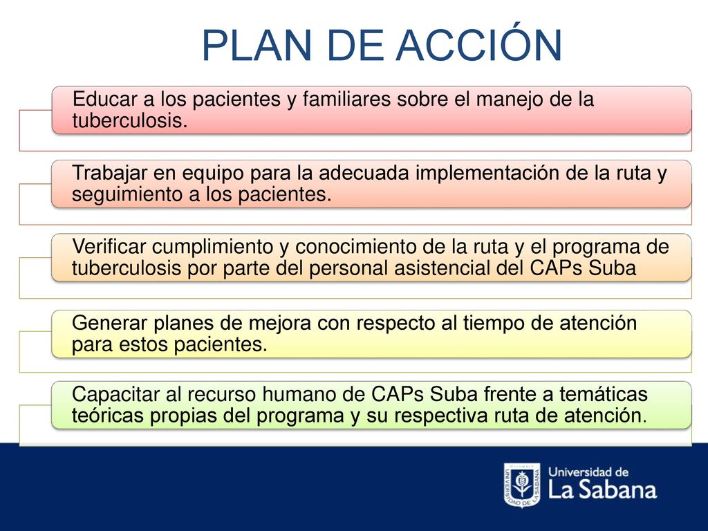 PLAN DE ACCIÓN Educar a los pacientes y familiares sobre el manejo de la tuberculosis.