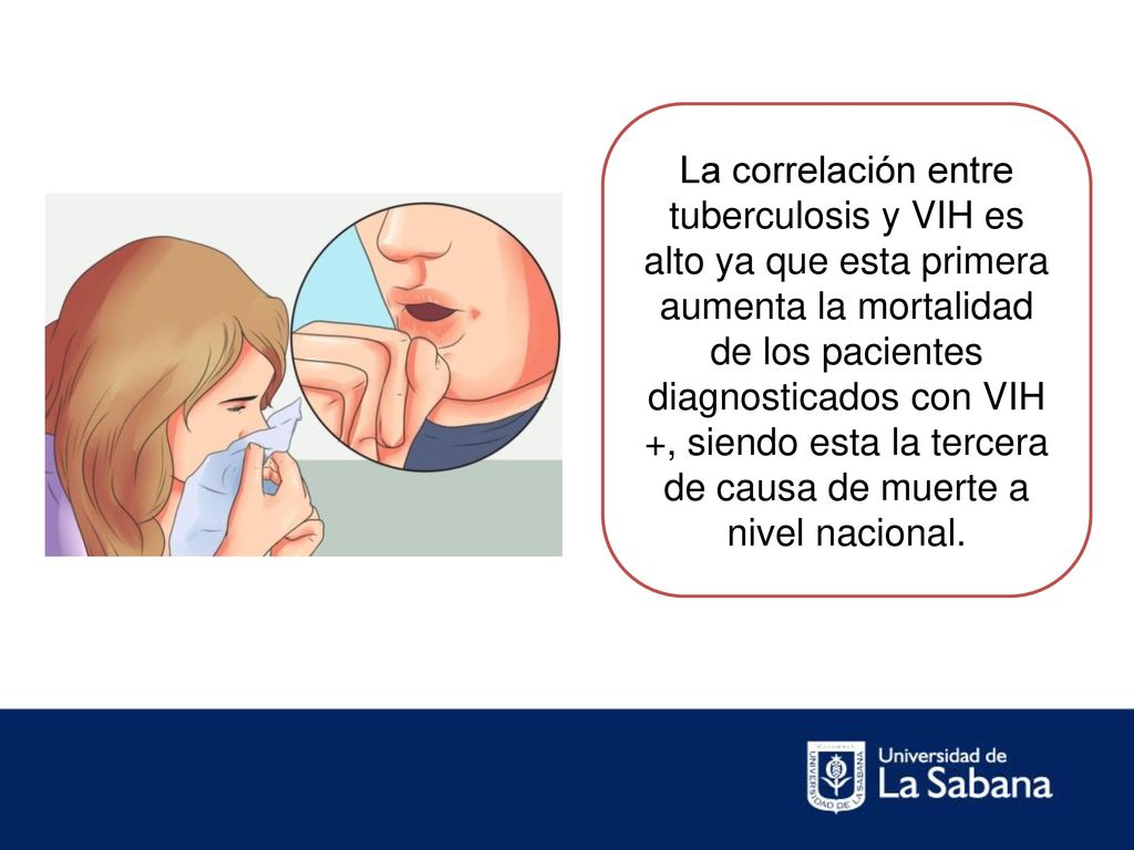 La correlación entre tuberculosis y VIH es alto ya que esta primera aumenta la mortalidad de los pacientes diagnosticados con VIH +, siendo esta la tercera de causa de muerte a nivel nacional.