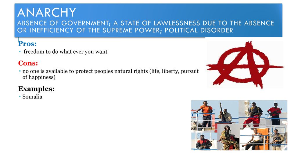 Anarchy Absence of government; a state of lawlessness due to the absence or inefficiency of the supreme power; political disorder