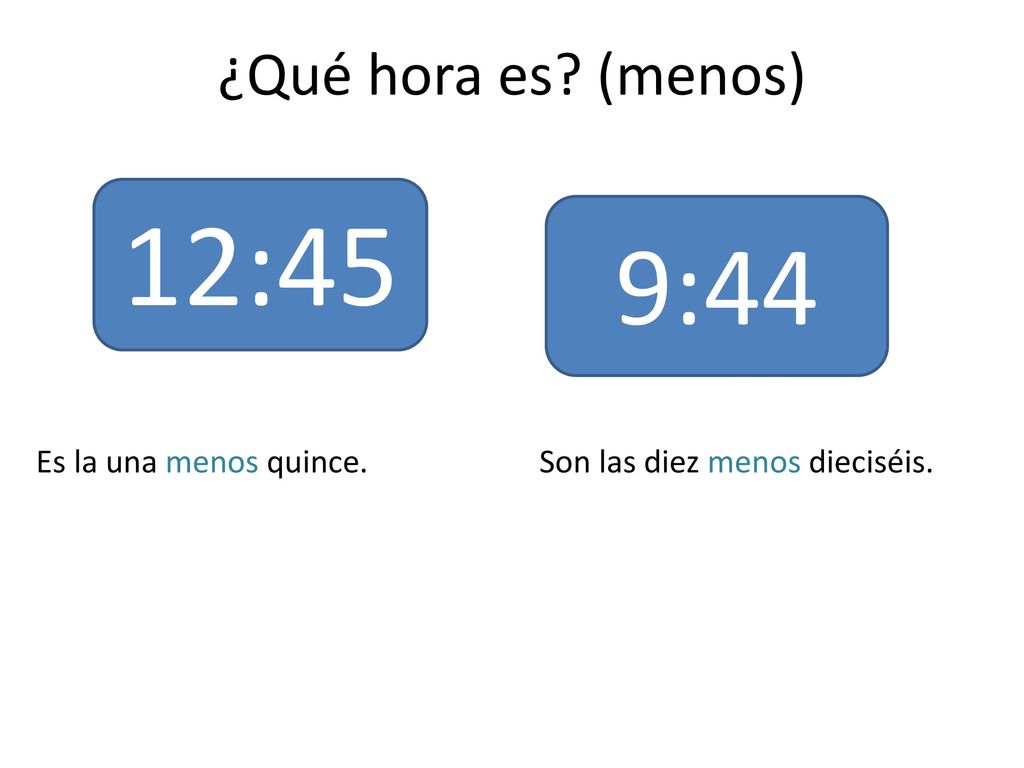 12:45 9:44 ¿Qué hora es (menos) Es la una menos quince.
