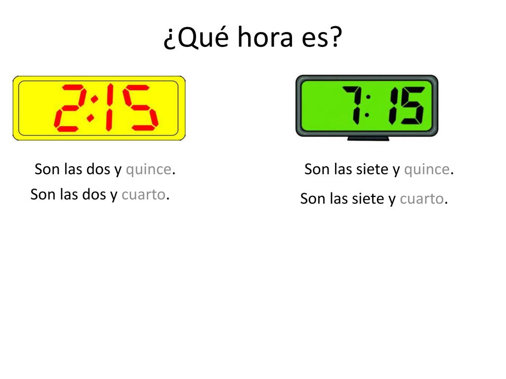 ¿Qué hora es Son las dos y quince. Son las siete y quince.