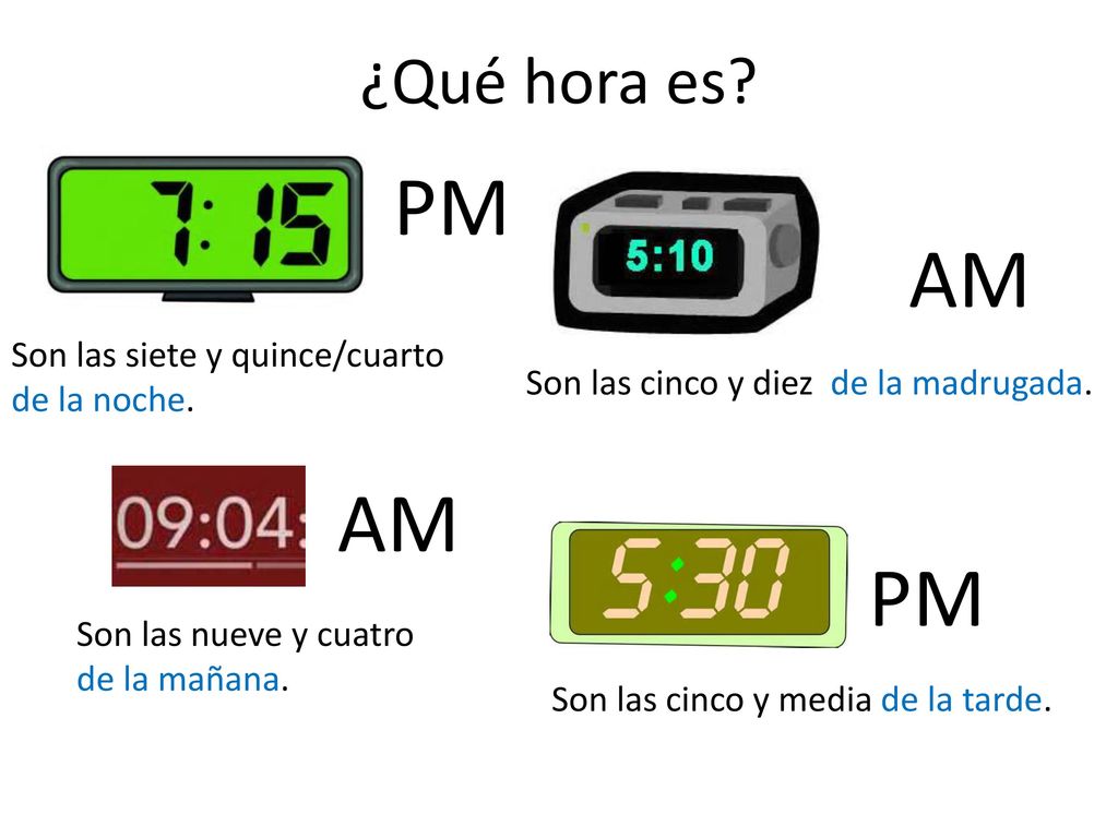 PM AM AM PM ¿Qué hora es Son las siete y quince/cuarto de la noche.