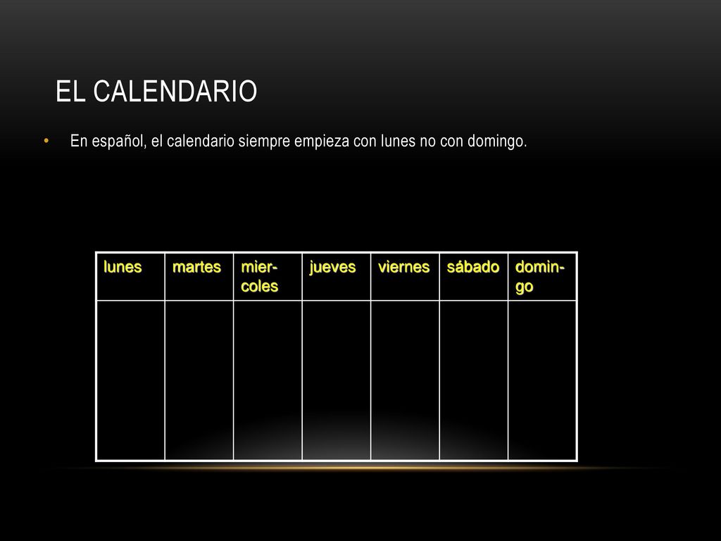 El calendario En español, el calendario siempre empieza con lunes no con domingo. lunes. martes. mier-coles.