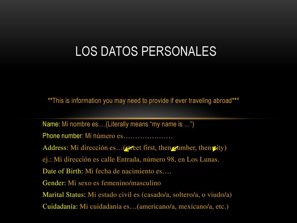 Los Datos Personales **This is information you may need to provide if ever traveling abroad*** Name: Mi nombre es….(Literally means my name is … )