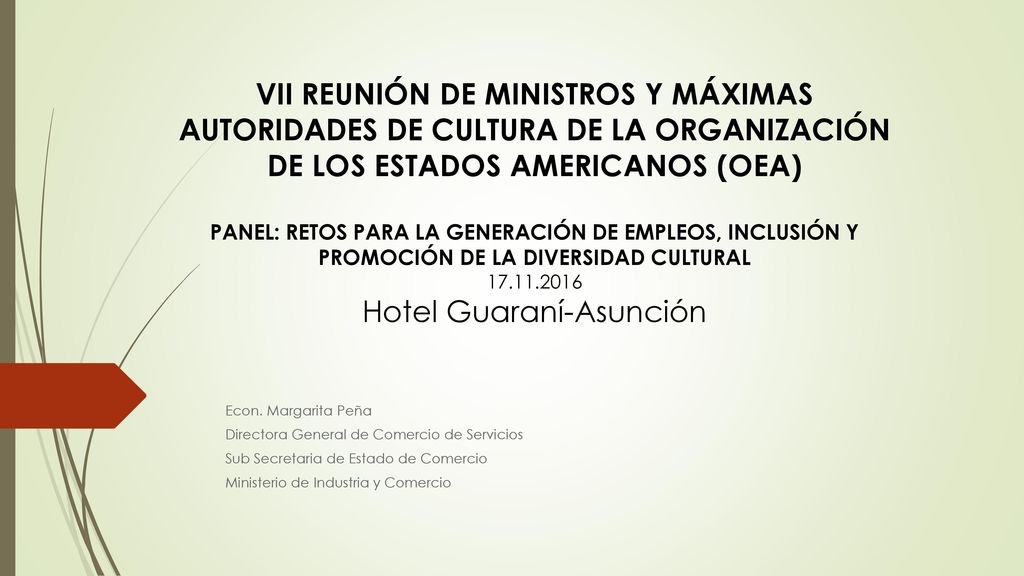 VII REUNIÓN DE MINISTROS Y MÁXIMAS AUTORIDADES DE CULTURA DE LA ORGANIZACIÓN DE LOS ESTADOS AMERICANOS (OEA) PANEL: RETOS PARA LA GENERACIÓN DE EMPLEOS, INCLUSIÓN Y PROMOCIÓN DE LA DIVERSIDAD CULTURAL Hotel Guaraní-Asunción