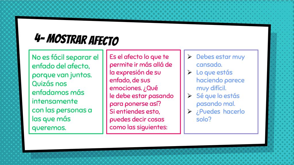 4- Mostrar afecto No es fácil separar el enfado del afecto, porque van juntos. Quizás nos enfadamos más intensamente.