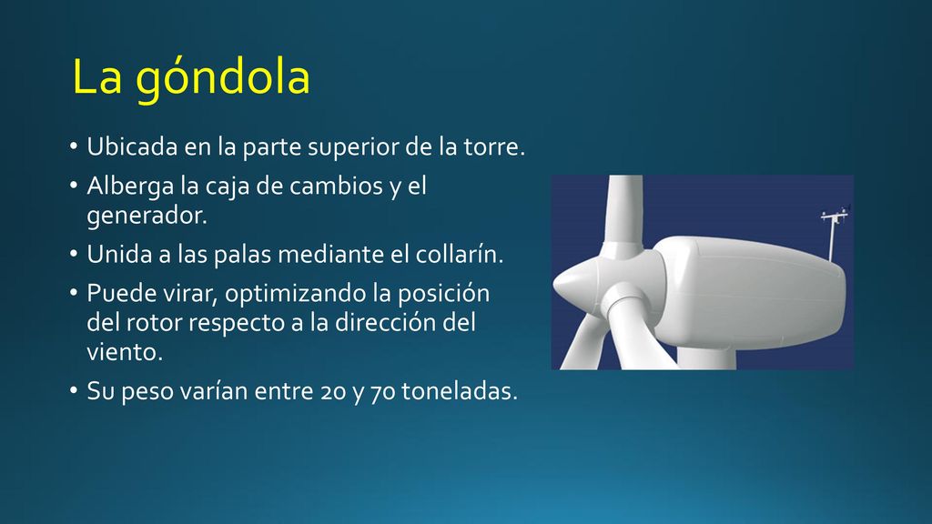 La góndola Ubicada en la parte superior de la torre.