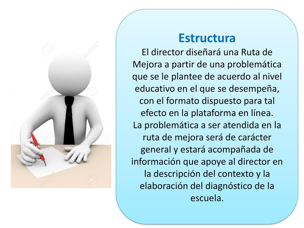 Estructura El director diseñará una Ruta de Mejora a partir de una problemática que se le plantee de acuerdo al nivel educativo en el que se desempeña, con el formato dispuesto para tal efecto en la plataforma en línea.