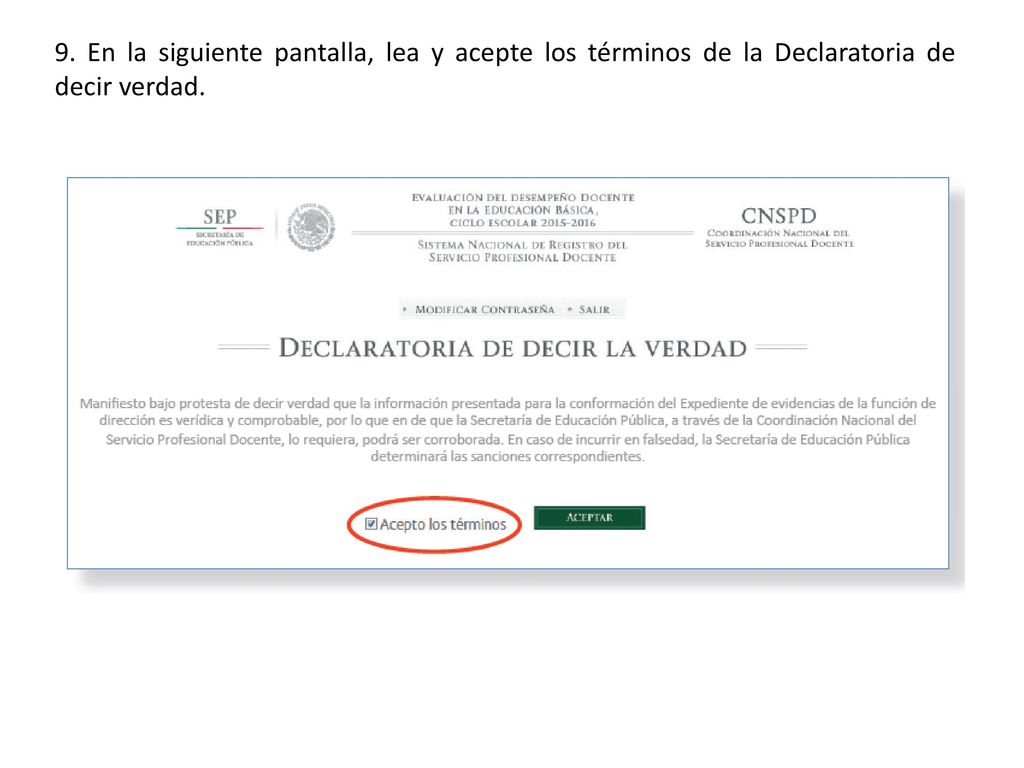 9. En la siguiente pantalla, lea y acepte los términos de la Declaratoria de decir verdad.