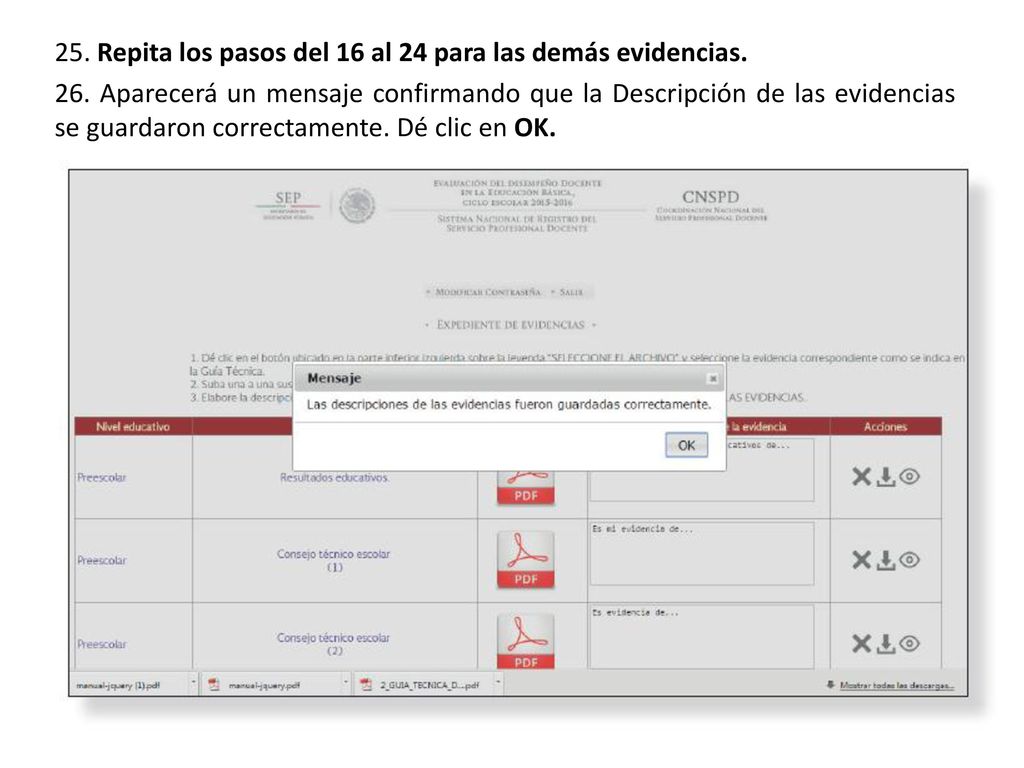 25. Repita los pasos del 16 al 24 para las demás evidencias. 26