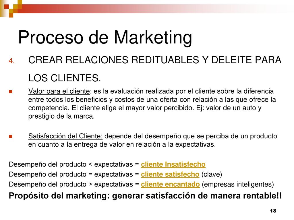 Proceso de Marketing CREAR RELACIONES REDITUABLES Y DELEITE PARA LOS CLIENTES.