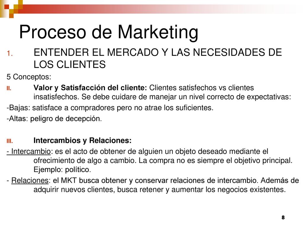 Proceso de Marketing ENTENDER EL MERCADO Y LAS NECESIDADES DE LOS CLIENTES. 5 Conceptos: