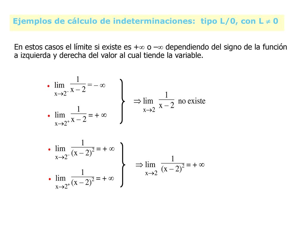 Ejemplos de cálculo de indeterminaciones: tipo L/0, con L  0