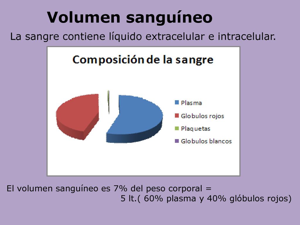 Volumen sanguíneo La sangre contiene líquido extracelular e intracelular. El volumen sanguíneo es 7% del peso corporal =